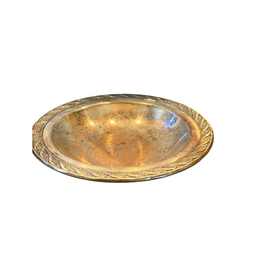Vintage Silver Plated Round Decorative Bowl Floral Embossed Rim Aged Patina 8.5"
